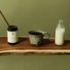 Ceramic mug with dark liquid, jar labeled 'Chaga', and bottle of milk on a wooden surface against a green background