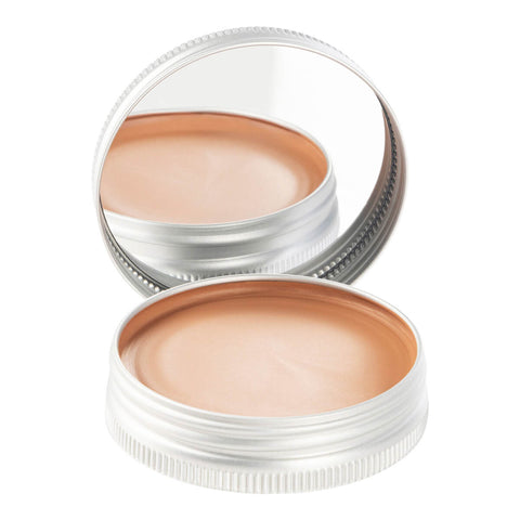 Surfmud Natural Zinc Tinted Covering Cream 45g open tin and its lid showing a peach tan tinted cream, angled view on a plain white background
