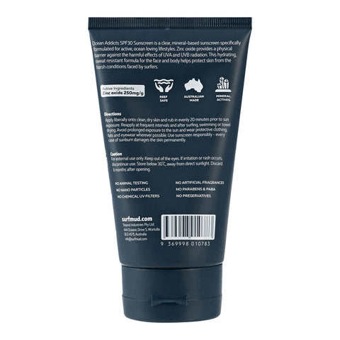 Surfmud Ocean Addicts Sunscreen SPF30 125g navy tube turned to show the back with small print on a plain white background, clear product photo