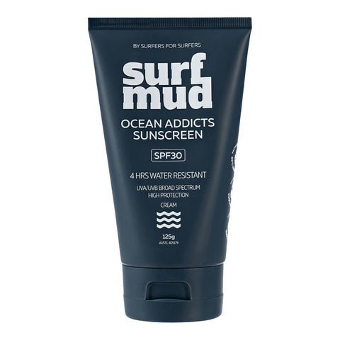 Surfmud Ocean Addicts Sunscreen SPF30 125g in a larger navy squeeze tube with white lettering, standing upright, front view on white