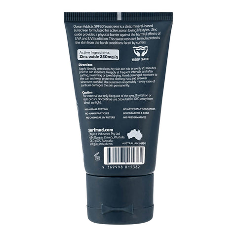 Surfmud Ocean Addicts Sunscreen SPF30 50g navy tube turned to show the back with small print on a plain white background, clear product photo