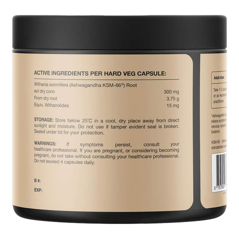Container with label detailing active ingredients and dosing information on a white background.