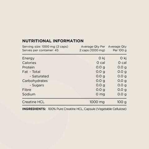 Nutritional information and ingredient label for a product containing Creatine HCL on a light gray background.