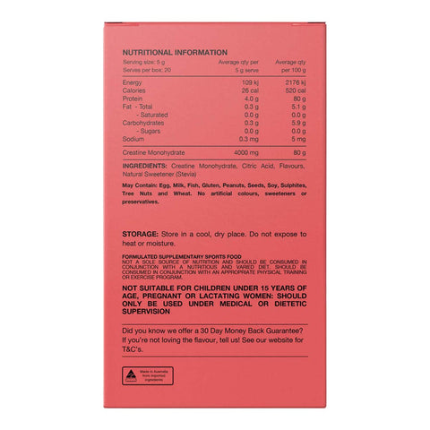 Back of box of creatine monohydrate sachets with nutritional information and ingredients 
