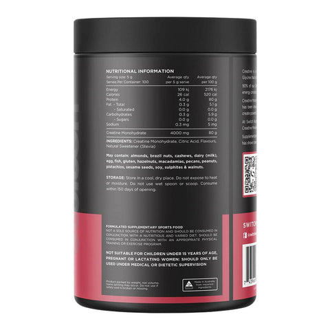 Back label of creatine monohydrate powder with nutritional information and ingredients on a white background