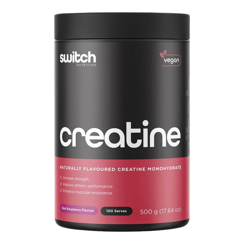 500g black and red container of switch nutrition creatine monohydrate powder on a white background