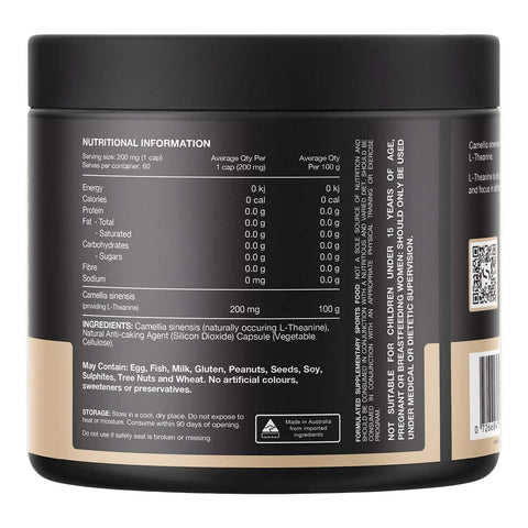 Nutritional information label on a black supplement container.