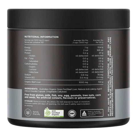 Back label of beef liver capsules with nutritional information and ingredients. 