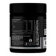 Black supplement container with nutritional information and ingredient list on a white background.