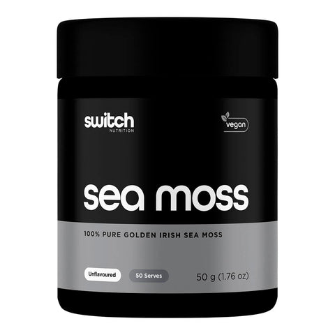 50g black container of Switch Nutrition sea moss on a white background. Unflavoured. 