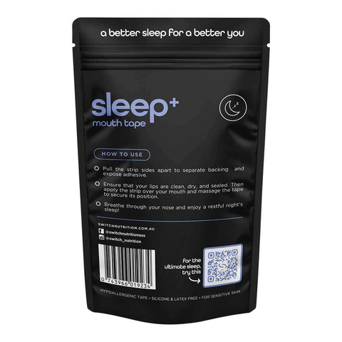 Black packaging of sleep+ mouth tape with text and a QR code on a white background.