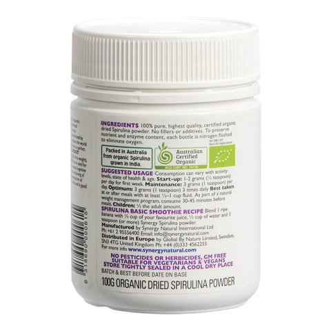 Right side jar of Synergy Natural 100% Organic Spirulina 100g powder, showing ingredients and suggested usage.