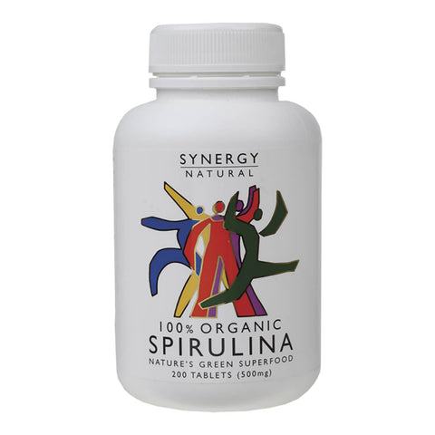 Jar of Synergy Natural 100% Organic Spirulina 200 tablets, natural superfood packed with nutrients.