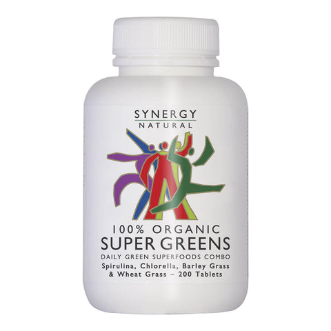 Container of Synergy Natural 100% Organic Super Greens 200 tablets, contains spirulina, chlorella, barley grass, and wheat grass.