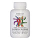 Container of Synergy Natural 100% Organic Super Greens 200 tablets, contains spirulina, chlorella, barley grass, and wheat grass.