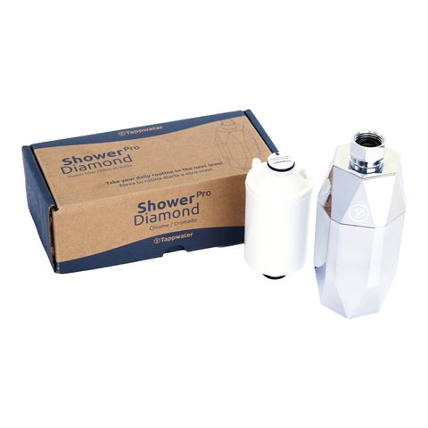 Tappwater ShowerPro Diamond Filter Annual Pack, includes a shower filter and 2 refills. Removes impurities from water to protect skin and hair.
