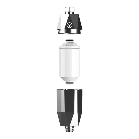 Exploded view of Tappwater ShowerPro Diamond Filter. Removes impurities from water to protect skin and hair.