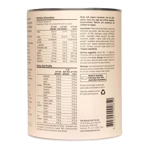 Back of body collagen vanilla container, with nutrition information. Made with organic ingredients.