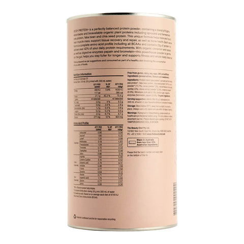 Back view of 600g tin of The Beauty Chef Body Protein+ Inner Beauty Support in chocolate flavour, a balanced bio-fermented and bioavailable plant protein powder to tone and build lean muscle mass, support fitness and whole-body balance. The back shows the product description, nutrition information, and directions. Packaged in a light brown coloured tin.