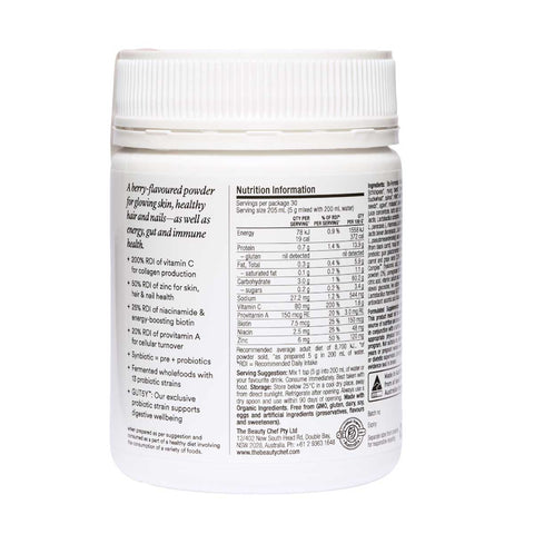 The Beauty Chef Glow white tub turned to show the back label with an ingredients table and small print on a plain white background