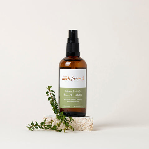 100ml spray bottle The Herb Farm Balance & Clarify Facial Toner with fresh thyme, calendula, and comfrey extracts.