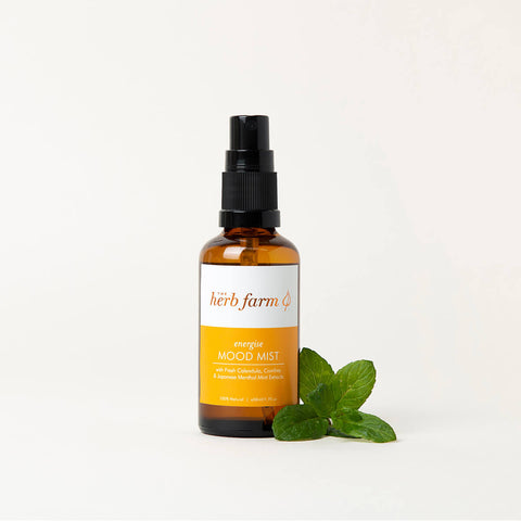 50ml spray bottle The Herb Farm Energise Mood Mist with fresh calendula, comfrey, and Japanese menthol mint extracts.