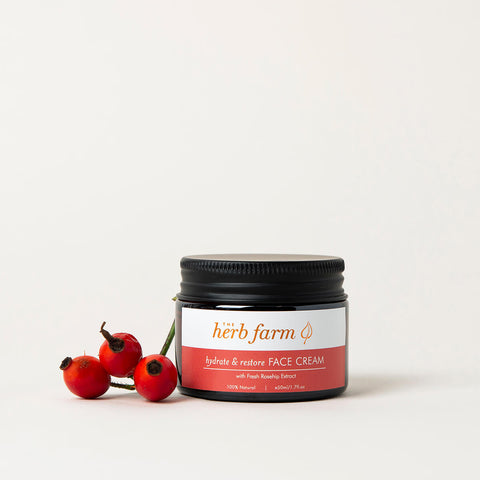 50ml jar The Herb Farm Hydrate & Restore Face Cream with fresh rosehip extract.