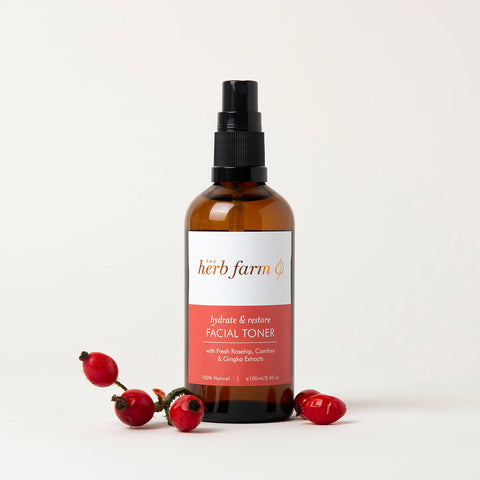 100ml spray bottle The Herb Farm Hydrate & Restore Facial Toner with fresh rosehip, comfrey, and gingko extracts.