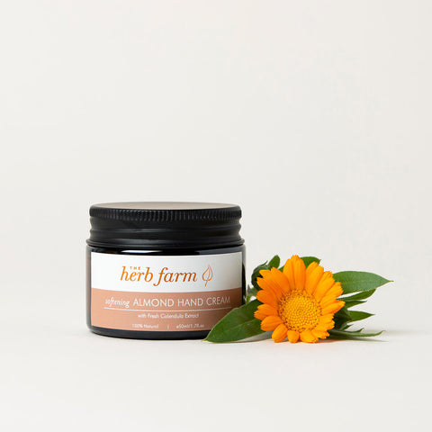 50ml jar The Herb Farm Softening Almond Hand Cream with fresh calendula extract.