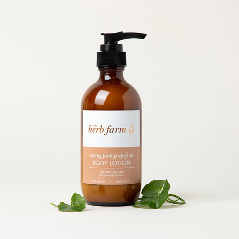 200ml pump bottle The Herb Farm Toning Pink Grapefruit Body Lotion with fresh gotu kola and calendula extracts.