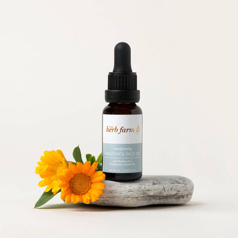 20ml dropper bottle The Herb Farm Transforming Bakuchiol Face Oil with 2% bakuchiol and calendula-infused oils.