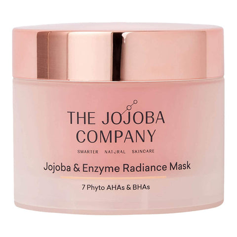 50ml jar of Jojoba & Enzyme Radiance Mask with a rose gold lid & peach packaging.