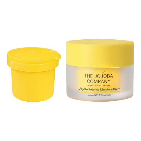 A jar of Jojoba Intense Moisture Balm by The Jojoba Company next to its separate yellow refill jar, shown on a clean white background.