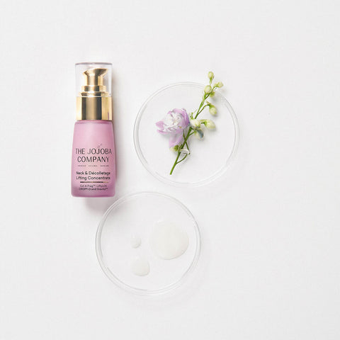 30ml The Jojoba Company Neck & Décolletage Lifting Concentrate and texture.