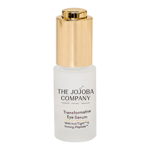 The Jojoba Company Transformative Eye Serum 15ml in a glass dropper bottle with a gold cap, front view on a plain white background