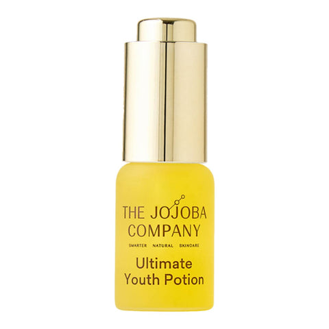 Yellow bottle of 'Ultimate Youth Potion' from The Jojoba Company with a gold cap on a white background.