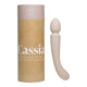 The Natural Love Company Cassia next to its box, a dual-ended marvel with a deeply rumbly wand vibrator on one end paired with a G-spot targeting dildo on the other, all encased in buttery soft pastel pink silicone.