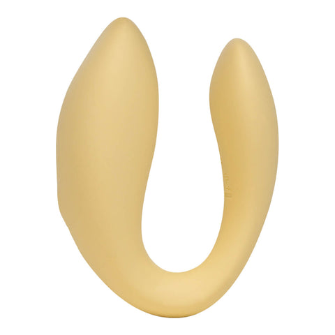 The Natural Love Company Cistus, a remote controlled (remote included) U-shaped vibrator with dual vibrating motors (one at each end), it's crafted with a recycled ocean plastic internal body dressed in a buttery smooth silicone casing, which comes in a creamy yellow hue.