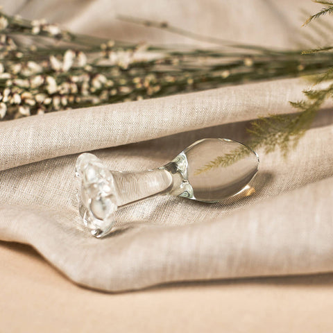 The Natural Love Company Litsea, a classic tear drop shaped butt plug made of glass.