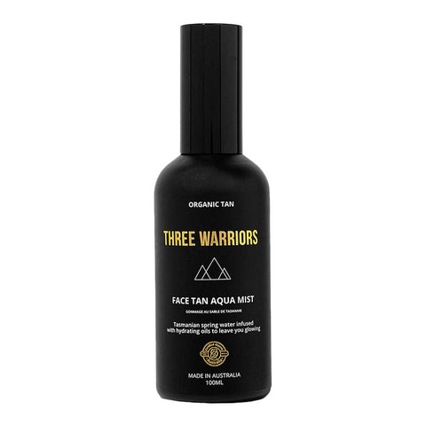 Three Warriors Face Tan Aqua Mist 100ml in a black spray bottle. Tasmanian spring water infused infused with hydrating oils.