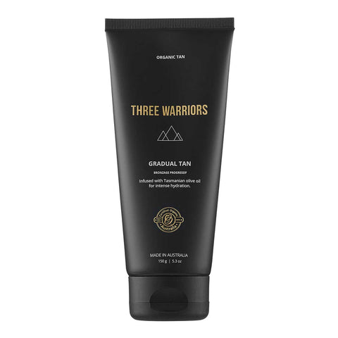 Black 150g tube of Three Warriors Gradual Tan. Made in Australia.