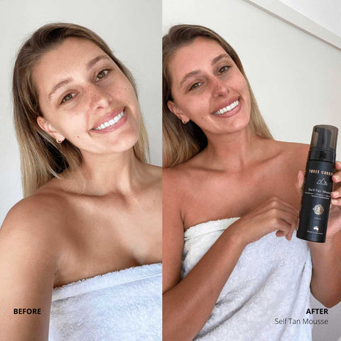 Before and after of model using self tan mousse.