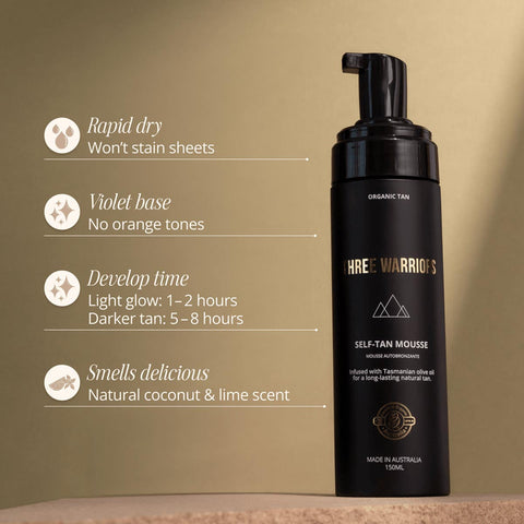 Infographic with open self tan mousse bottle. Rapi dry, violet base (no orange tones), develop time 1 -2 hours light and 5 - 8 hours darker tan. Natural coconut & lime scent.