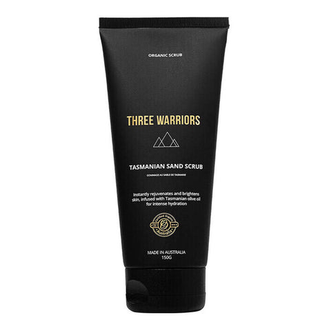 Front of Three Warriors Tasmanian Sand Scrub 150g black tube on a white background.