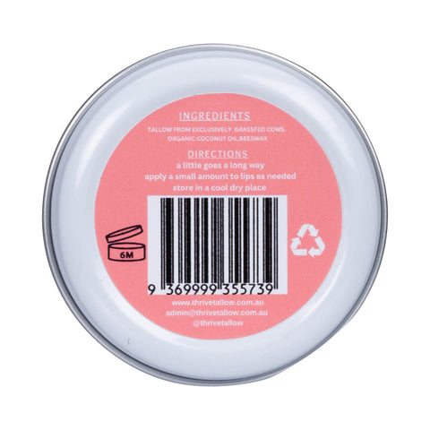 Back of 35ml tin Thrive Tallow Tallow Based Lip Balm, an all-natural formula that leaves the lips deeply hydrated.