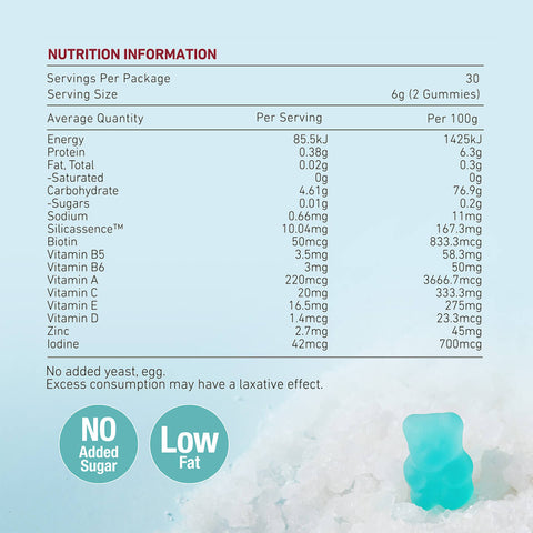 Nutrition information of Unichi Hair Boost Gummy Pro, a hair vitamin featuring the exclusive ingredient Silicassense™, combined with zinc, biotin, and vitamins A, B5, B6, C, and E to promote stronger hair.