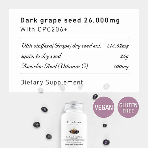 Unichi Rosa Prima Dark Grape Seed 26,000mg nutrition panel with an ingredients table and vegan and gluten free badges, clear product photo