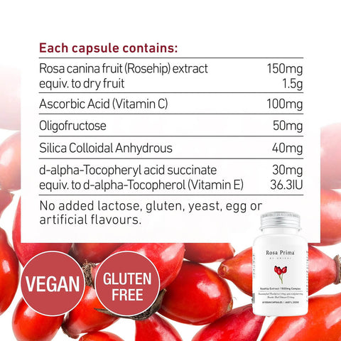 Unichi Rosa Prima Rosehip Extract 1500mg Complex 60 capsules nutrition information panel with an ingredients table and vegan and gluten free badges