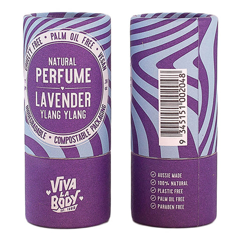 Purple natural perfume stick with 'Viva La Body' branding on a white background.