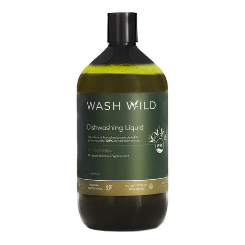Wash Wild Dishwashing Liquid 1L in a green glass bottle with a black cap, front view on a plain white background, clear product photo